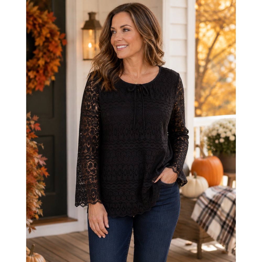 Talbots Women M Black Lace Blouse Crochet Long Sleeve Lined Tie Neck